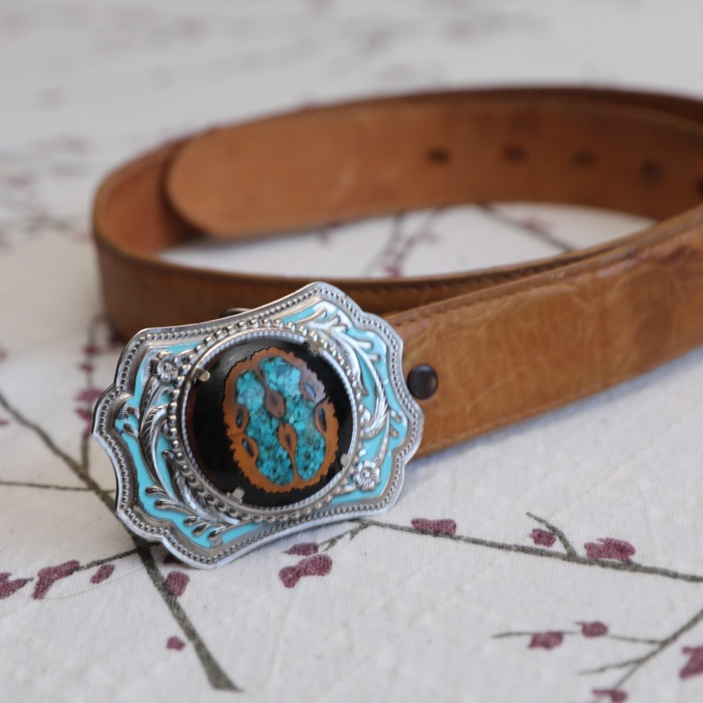 Vintage Turquoise Leather Belt and Buckle
